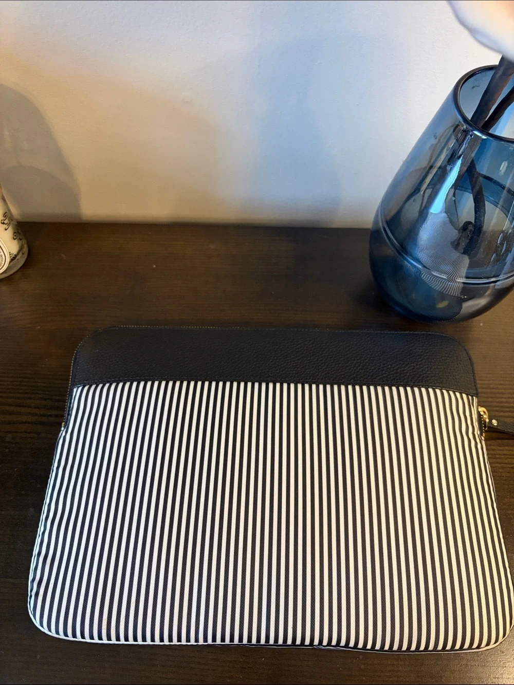 kate spade Black and White Vertical Stripe Laptop Sleeve with Gold Logo